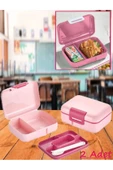 2 Adet Pembe Bölmeli Kilitli Beslenme Kutusu Ve Kaşık Seti Çerez Ekmek Okul Saklama Kabı - 1