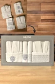Minteks Silver Krem-Krem 6 Parça Havlulu Bornoz Seti - Aile Banyo Havlu Bornoz Seti - 1