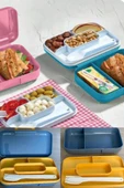 2 Adet Mavi Bölmeli Kilitli Beslenme Kutusu Ve Kaşık Seti Çerez Ekmek Okul Saklama Kabı - 2
