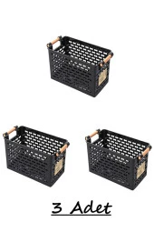 3 Adet Siyah Ahşap Renk Plastik Saplı Organizer Sepet Ekmeklik Sebze Meyve Sepeti thumbnail 3