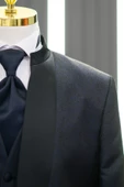 Hakim Yaka Desenli Simli Yelekli Flarlı Siyah Pantolon Kombinli Slimfit Smokin Takım Elbise - 3