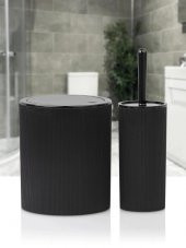 SarFMaLL Mina Yuvarlak Çizgili 2 Li Banyo Seti  Siyah( Wc Kova Ve Fırça - OKY-432-S - 2
