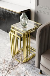 Mira 3lü Zigon Sehpa C Sehpa - Yan Sehpa Gold Şeffaf Cam - 1