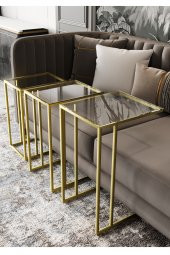 Mira 3lü Zigon Sehpa C Sehpa - Yan Sehpa Gold Şeffaf Cam - 3