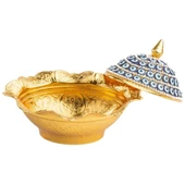 Nazar ve Swarovski Taşlı Şekerlik Büyük Oval Kapaklı Drajelik Dekoratif Altın - 3