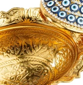 Nazar ve Swarovski Taşlı Şekerlik Büyük Oval Kapaklı Drajelik Dekoratif Altın - 4