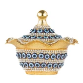 Nazar ve Swarovski Taşlı Şekerlik Drajelik Dekoratif Büyük Yuvarlak Lalegül Altın - 1