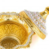 İncili ve Swarovski Taşlı Şekerlik Drajelik Dekoratif Büyük Yuvarlak Lalegül Altın - 4