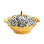 Nazar ve Swarovski Taşlı Şekerlik Büyük Oval Kapaklı Drajelik Dekoratif Altın - 2