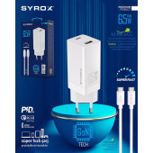 Syrox GAN65T SuperFast 65W USB 3.0 + PD GaN Type-C to Type-C Kablolu Şarj Aleti 65W Süper Hızlı Şarj Adaptörü - 1