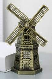 Vintage Metal Hollanda Yel Değirmeni Biblo Antik Bronz 17 cm - 9