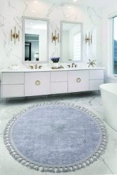 Nova Gri Yuvarlak 160x160 Cm Ponpon Saçaklı Kaymaz Tabanlı Makinede Yıkanabilir Banyo Paspası - 1