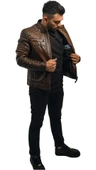 Deri Mont Taba Rengi Erkek Ceket Hakiki Kuzu Derisi Büyük Beden Brad  Taba 9XL - 4