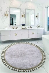 Nova Vizon Yuvarlak 100x100 Cm Ponpon Saçaklı Kaymaz Tabanlı Makinede Yıkanabilir Banyo Paspası - 1
