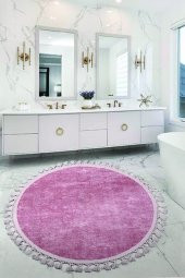 Nova Pembe Yuvarlak 120x120 Cm Ponpon Saçaklı Kaymaz Tabanlı Makinede Yıkanabilir Banyo Paspası - 1