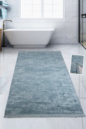 Bonny Home Nova Mavi 100x200 cm Pamuk Kaymaz Taban Peluş Banyo Paspası Büyük Püsküllü Banyo Halısı - 1