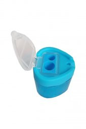 Kalemtraş Çift Gözlü Üçgen Mavi 1 Adet Hazneli Kalemtraş Canlı Renkler Standart Kalem Açacağı Jumbo Kalem Açacağı - 2