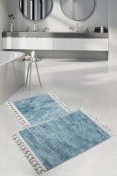 Nova Mavi 60x100 + 50x60 cm 2li Köşeli Ponpon Saçaklı Banyo Halısı Kaymaz Yıkanabilir Paspas Seti - 1