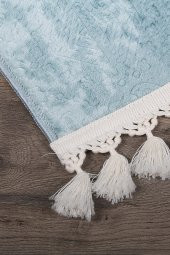 Nova Mavi 60x100 + 50x60 cm 2li Köşeli Ponpon Saçaklı Banyo Halısı Kaymaz Yıkanabilir Paspas Seti - 2