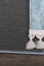 Nova Mavi 60x100 + 50x60 cm 2li Köşeli Ponpon Saçaklı Banyo Halısı Kaymaz Yıkanabilir Paspas Seti - 4