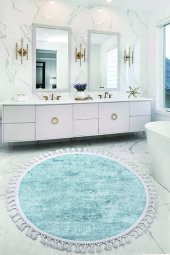 Nova Mavi Yuvarlak 120x120 Cm Ponpon Saçaklı Kaymaz Tabanlı Makinede Yıkanabilir Banyo Paspası - 1