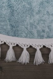 Nova Mavi Yuvarlak 120x120 Cm Ponpon Saçaklı Kaymaz Tabanlı Makinede Yıkanabilir Banyo Paspası - 2