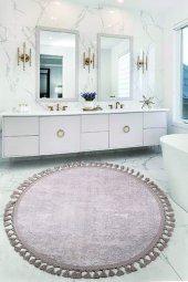 Nova Kahve Yuvarlak 100x100 Cm Ponpon Saçaklı Kaymaz Tabanlı Makinede Yıkanabilir Banyo Paspası - 1
