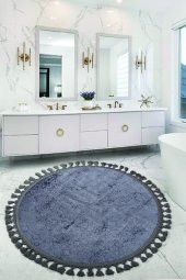 Nova Antrasit Yuvarlak 120x120 Cm Ponpon Saçaklı Kaymaz Tabanlı Makinede Yıkanabilir Banyo Paspası - 1