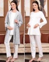 BirolGaye Bone Club 5706 Ekru Jakarlı 3Lü Hamile Lohusa Pijama Sabahlık Tk thumbnail 4