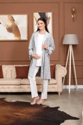 BirolGaye Bone Club 5706 Ekru Jakarlı 3Lü Hamile Lohusa Pijama Sabahlık Tk thumbnail 2