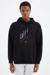 TOMMY LIFE Siyah Kapüşonlu Baskı Detaylı Rahat Kalıp Erkek Sweatshirt - 88285 T14ER-88285 - 1