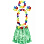 Yetişkin ve Çocuk Uyumlu Luau Aloha Hawaii Yeşil Etek ve Renkli Kolye Taç 2 Adet Bileklik Seti - 1