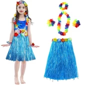 Yetişkin ve Çocuk Uyumlu Hawaii Luau Aloha Mavi Püsküllü Etek Kolye Taç ve 2 Adet Bileklik Seti - 1