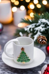 2li El Yapımı Yılbaşı Ağacı Motifli Lüks Seramik Kahve Bardağı & Fincan Seti thumbnail 2