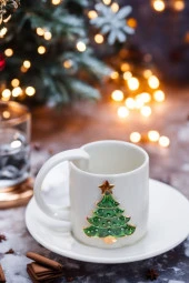 2li El Yapımı Yılbaşı Ağacı Motifli Lüks Seramik Kahve Bardağı & Fincan Seti thumbnail 3