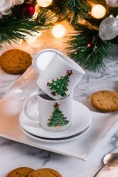 2li El Yapımı Yılbaşı Ağacı Motifli Lüks Seramik Kahve Bardağı & Fincan Seti thumbnail 4