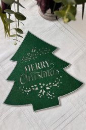 1 adet Yeşil Keçe Ağaç Şeklinde Merry ChristmasYazılı Simli Noel Suplası  & Amerikan Servisi 35 cm - 1