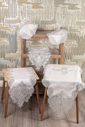 Bonny Home Nurbanu Krem Linen Üzeri Gümüş Dantelli 5 Parça Salon Takımı Masa Örtüsü Runner Seti - 1