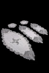 Bonny Home Nurbanu Krem Linen Üzeri Gümüş Dantelli 5 Parça Salon Takımı Masa Örtüsü Runner Seti - 3