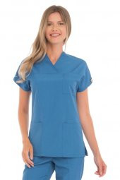 Kadın Doktor Hemşire Forması Scrubs Likralı Esnek Kumaş Hastane Nöbet Tek Üst (Zarf Yaka Yarasa Kol) - 2