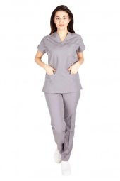 Kadın Doktor Hemşire Forması Scrubs Likralı Esnek Kumaş Hastane Nöbet Takımı (V Yaka Dr Greys) - 7