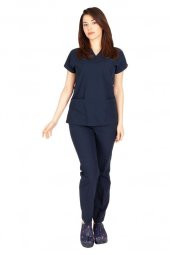 Kadın Doktor Hemşire Forması Scrubs Likralı Esnek Kumaş Hastane Nöbet Takımı (V Yaka Dr Greys) - 9