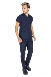 Erkek Doktor Hemşire Forması Scrubs Likralı Esnek Kumaş Hastane Nöbet Takımı (Zarf Yaka Yarasa Kol) - 1