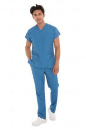 Erkek Doktor Hemşire Forması Scrubs Likralı Esnek Kumaş Hastane Nöbet Takımı (Zarf Yaka Yarasa Kol) - 12