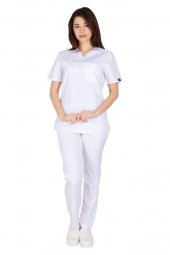 Kadın Doktor Hemşire Forması Scrubs Alpaka Kumaş Hastane Nöbet Takımı (Zarf Yaka Klasik Kol) - 4