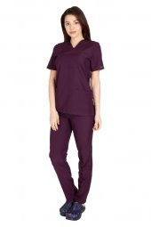Kadın Doktor Hemşire Forması Scrubs Alpaka Kumaş Hastane Nöbet Takımı (Zarf Yaka Klasik Kol) - 6
