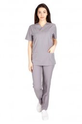 Kadın Doktor Hemşire Forması Scrubs Alpaka Kumaş Hastane Nöbet Takımı (Zarf Yaka Klasik Kol) - 8