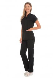 Kadın Doktor Hemşire Forması Scrubs Likralı Esnek Kumaş Hastane Nöbet Takımı (Zarf Yaka Yarasa Kol) - 5