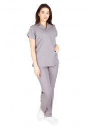 Kadın Doktor Hemşire Forması Scrubs Likralı Esnek Kumaş Hastane Nöbet Takımı (Zarf Yaka Yarasa Kol) - 10