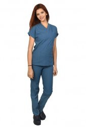 Kadın Doktor Hemşire Forması Scrubs Alpaka Kumaş Hastane Nöbet Takımı (V Yaka Dr Greys) - 12